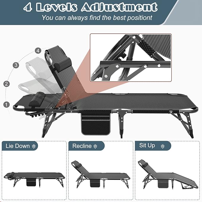 LILYPELLE Lounge Chair with Mattress, Heavy Duty Outside Lounge Chair Outdoor Portable Folding Lounge Chairs Sleeping Cots Bed for Camping, Pool, Beach, Patio