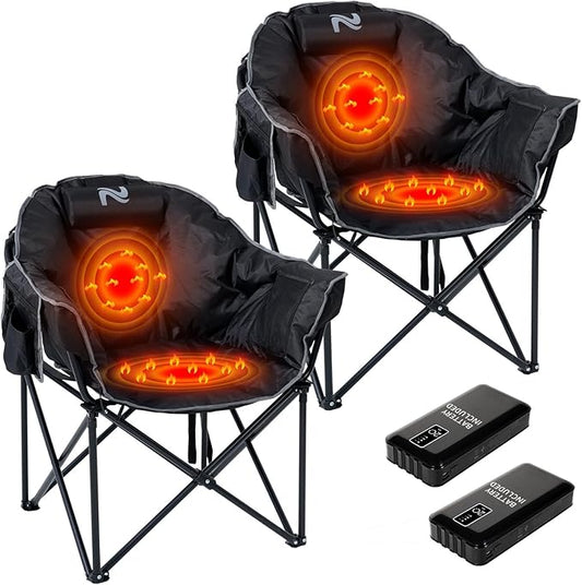 2 Pack Oversized Heated Camping Chair, 3 Heating Levels Soft Padded Camp Lawn Chair with Pillow and 20000mAh Battery, Portable Heated Folding Chairs Outdoor Sports for Patio and Picnics, Black