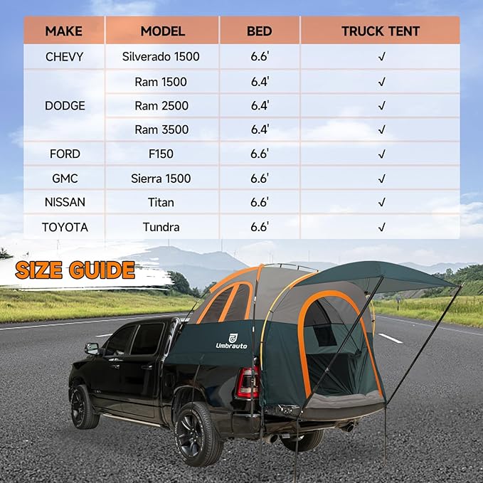 Umbrauto Truck Bed Tent with Awning: 6.4-6.7FT PU3000mm Waterproof Tailgate Pickup Truck Tents, Easy Set-up for 2 Person, Fits Full Size Short Bed, Chevy, Dodge, Ford, GMC, Green