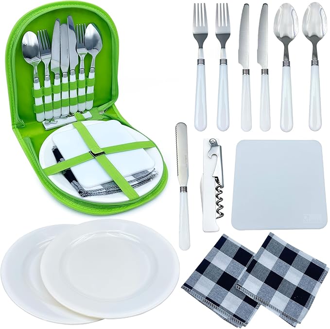 Portable Camping Silverware Utensil Set, 13 Pcs Picnic Mess Kit for 2 Person-Stainless Steel Serrated Knife Spoon Fork Wine Opener Plate Cutting Board Napkin, Camp BBQ Travel Set