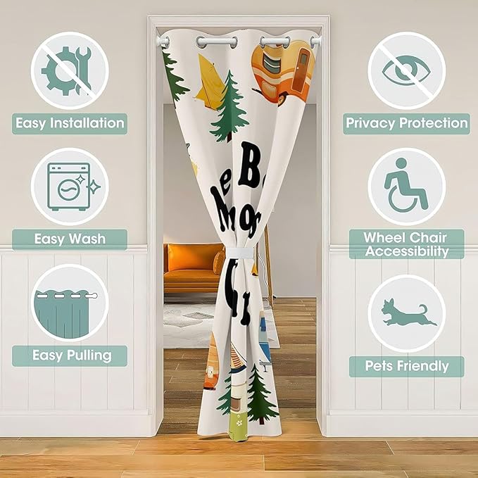 Cartoon Camper Kids Door Curtain,RV Trailer Rustic Adventure Blackout Curtain,Tent Bonfire Campfire Pine Tree Nature Bedroom Doorway Living Room Decor,Colorful Privacy Door Drape 1 Panel,52" W X 84" L