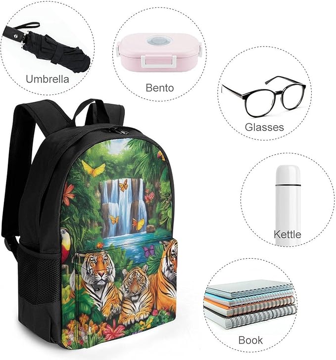 Supdreamc Rucksack Anti-Theft Multipurpose Big Capacity Carry On Bag, Tropical Jungle Parrot Birds Tiger Art Traveling Camping Backpack With Side Pockets