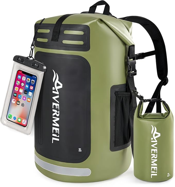 Dry Bag 35L for Men & Women Roll-Top Hiking Backpack with IPX8 Waterproof Phone Case & Detachable Mini Backpack for Kayaking Boating Cushioned Padded Back Green