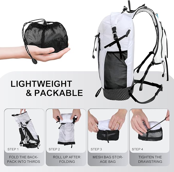 IX INOXTO Hiking Backpack 15L/22L Ultra Lightweight Packable Travel Backpack Small Waterproof Foldable Outdoor Day Pack with Two 500ML soft flasks for Men Women (White)