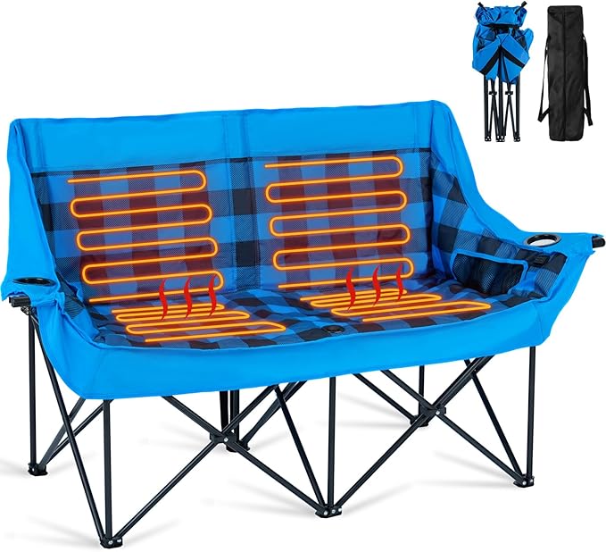 DoCred Heated Double Camping Chair, Folding 2 Person Camping Chairs Loveseat Outdoor Sports,Heated Oversized Lawn Chairs for Adults,Heating Camp Chair with 3 Heat Levels, Battery NOT Included