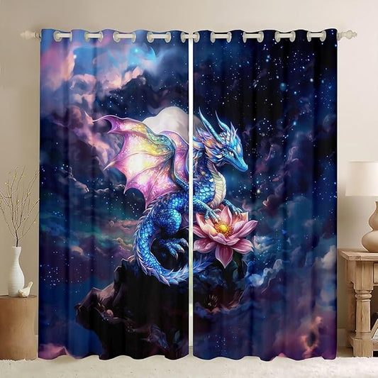 Manfei Magic Dragon Blackout Curtains Pink Lotus Flower Window Drapes,Cartoon Wild Animal Theme Window Treatments,Kids Boys Girls Room Decor,Grommet Top 2 Panel Set Bedroom Curtains, 42Wx63L inch