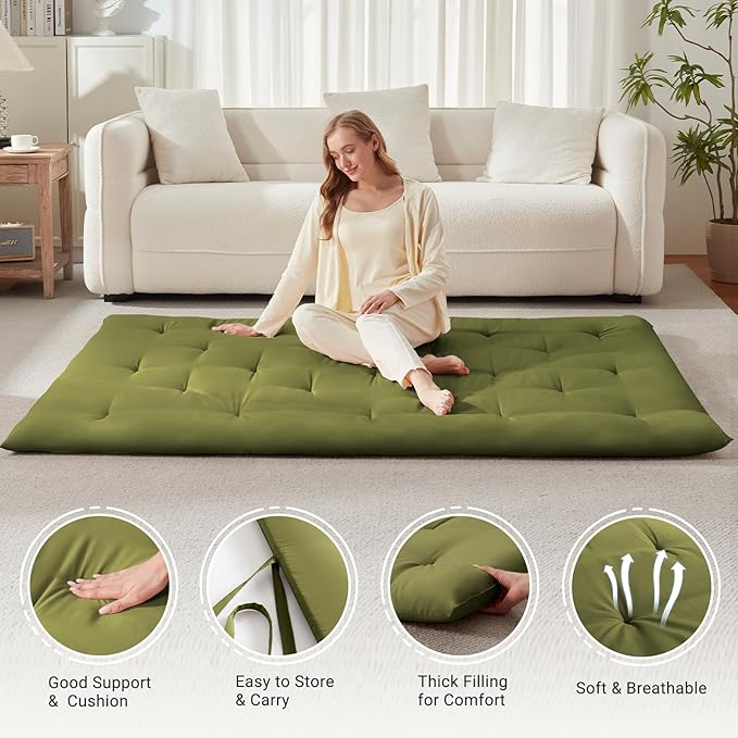 Japanese Floor Futon Mattress Queen Size 60"x 80", Foldable Floor Bed Mattress, Portable Tatami Mat Sleeping Pad, Folding Futon Cushion, Roll Up Floor Lounger for Guest Room Dormitory (Green)