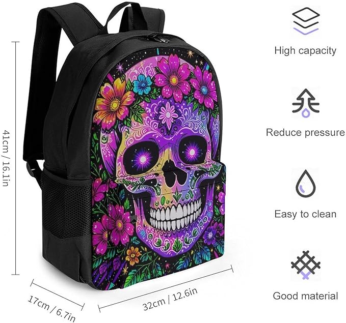 Rucksack Multipurpose Anti-Theft Big Capacity Shoulder Bag, Sugar Skull Flower Feathers Art Travel Hiking Camping Rucksack With Side Pockets