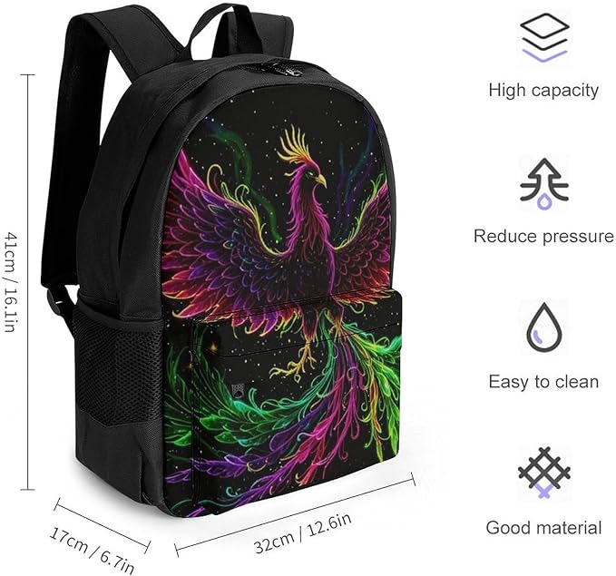 Daypack Bookbag Anti-Theft Multipurpose Large Capacity Bookbag, Colorful Fire Flame Phoenix Black Art Travel Hiking Camping Rucksack With Adjustable Shoulder Straps