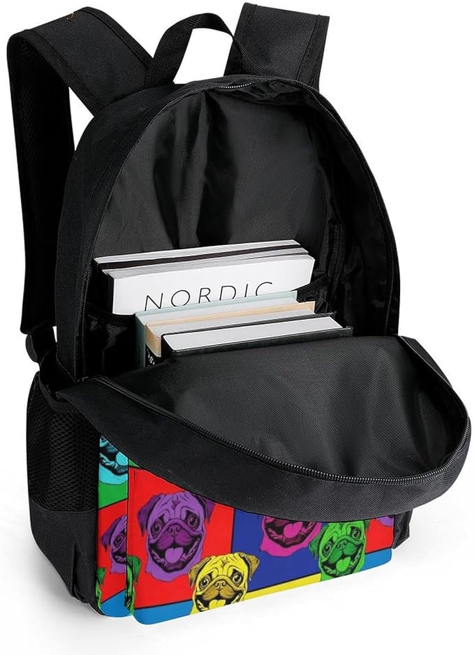Backpack Polyester Anti-Theft Multipurpose Colorful Pug Dog Bookbag Large Capacity Laptop Book Bag Rucksack With Side Pockets