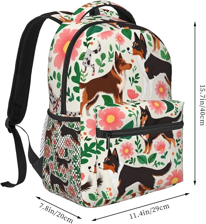 Daypack Anti-Theft Multipurpose Large Capacity Shoulder Bag, Australian Cattle Dog Florals Travel Hiking Camping Rucksack With Smooth Zippers