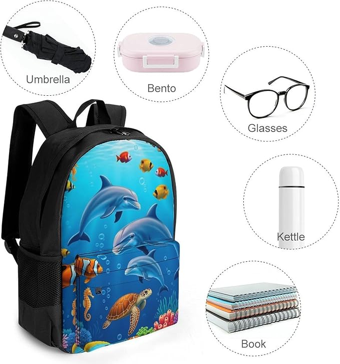 Lightweight Daypack for Camping Business Walking Cycling, Large Capacity Anti-Theft Multipurpose Bookbag, Dolphins Sea Underwater Beautiful World Gym Outdoor Hiking Backpack