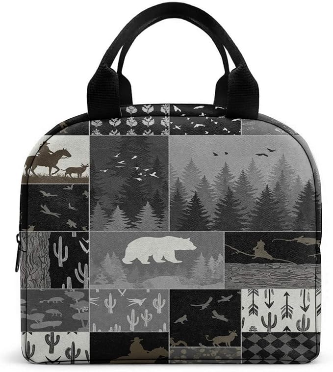 Western Retro Denim Insulated Lunch Bag Bear Deer Bird Nature Landscape Cactus Thermal Tote Portable Size (01)