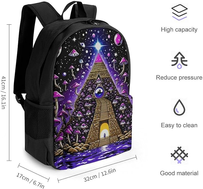 Polyester Daypack for Camping Travel Walking Cycling, Big Capacity Anti-Theft Multipurpose Bookbag, Psychedelic Egyptian Pyramid Eye Mushroom Art Camping Outdoor Backpack