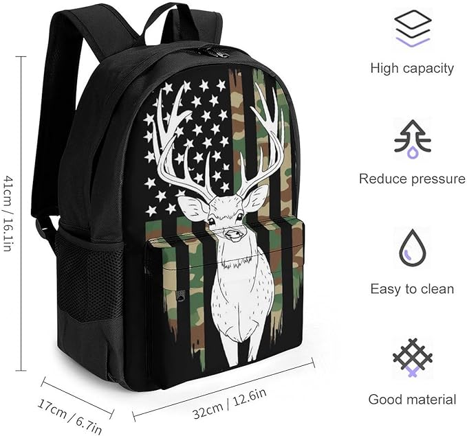 Lightweight Daypack Bookbag for Trekking Business Walking Cycling, Big Capacity Anti-Theft Multipurpose Carry On Bag, Camouflage American Flag Hunting Deer Camo Black Business Computer Bag