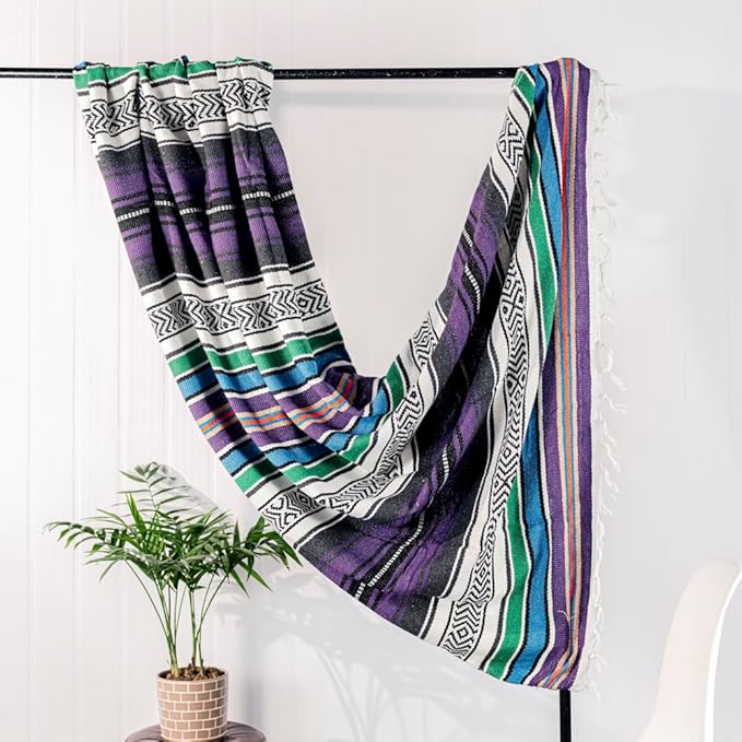 Airooglee 69" L x 51" W Large Mexican Blanket - Perfect as Yoga Blanket, Outdoor Blanket, Beach Blanket, Serape Blanket, Picnic Blanket, Camping Blanket, Woven Blanket, Boho Home Décor - Purple-Blue