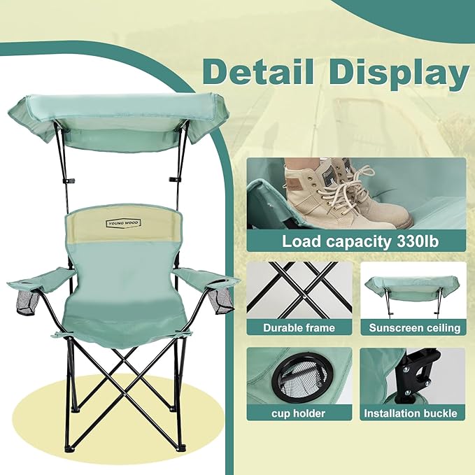 YOUNG WOOD Portable Camping Chair Beach Chair with Shade Canopy, Fold Lightweight Oversized for All, Easy to Open and Close Without Installation, Side Pocket Design for All Outdoor Activities,Blue,2p