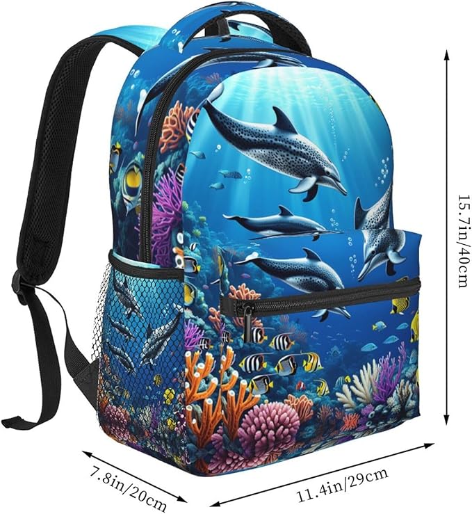 Casual Daypack Multipurpose Anti-Theft Large Capacity Carry On Bag, Colorful Sea Ocean World Dolphin Tropical Fishes Coral Art Casual Daypack Climbing Shoulder Bag With Padded Straps