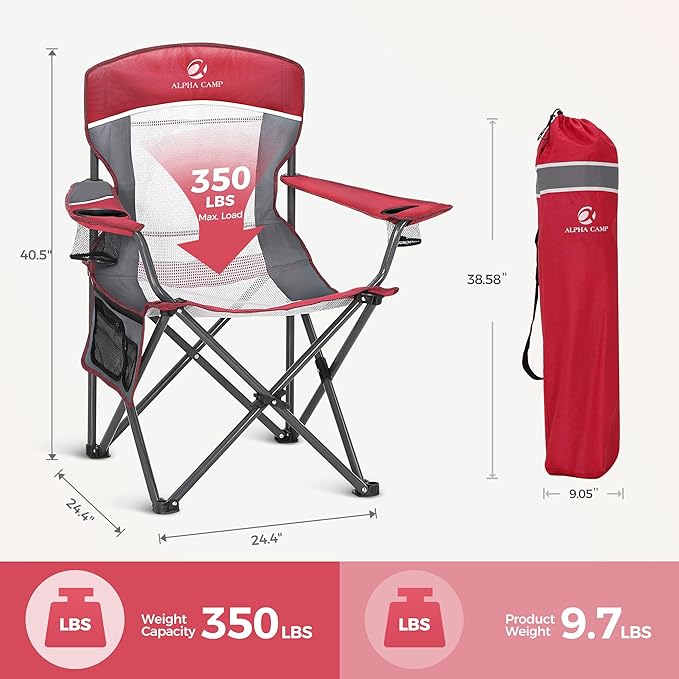 LET'S CAMP Mesh Back Camping Chair Portable Folding Heavy Duty Outdoor Chair Support 330 LBS Durable Large Arm Chair with Cup Holder and Carry Bag for Camp, Fishing, Hiking, Red