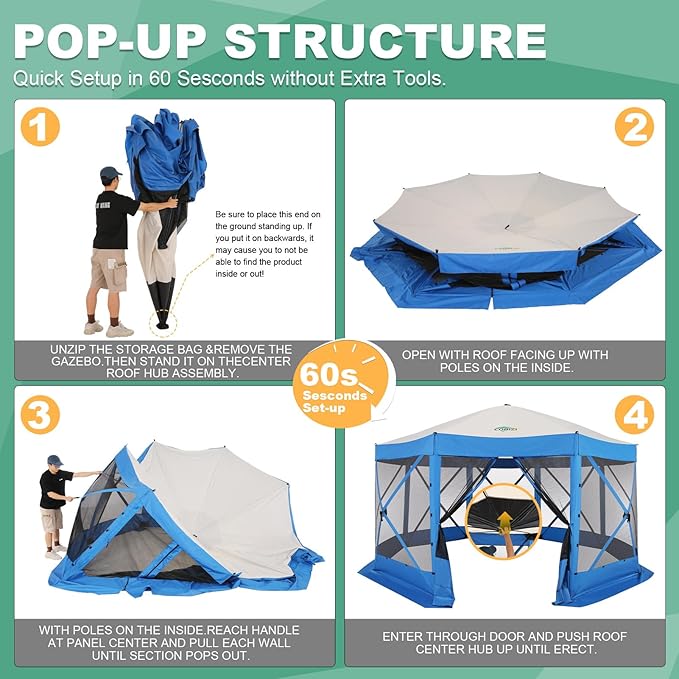 COBIZI 15x15 FT Pop Up Gazebo - Canopy Tent, Large Gazebos On Clearance with Sidewalls, Screened in Gazebo,carpas para Patio,Portable Screen Tents for 12-15 Persons Outdoor Camping, Backyard,Blue
