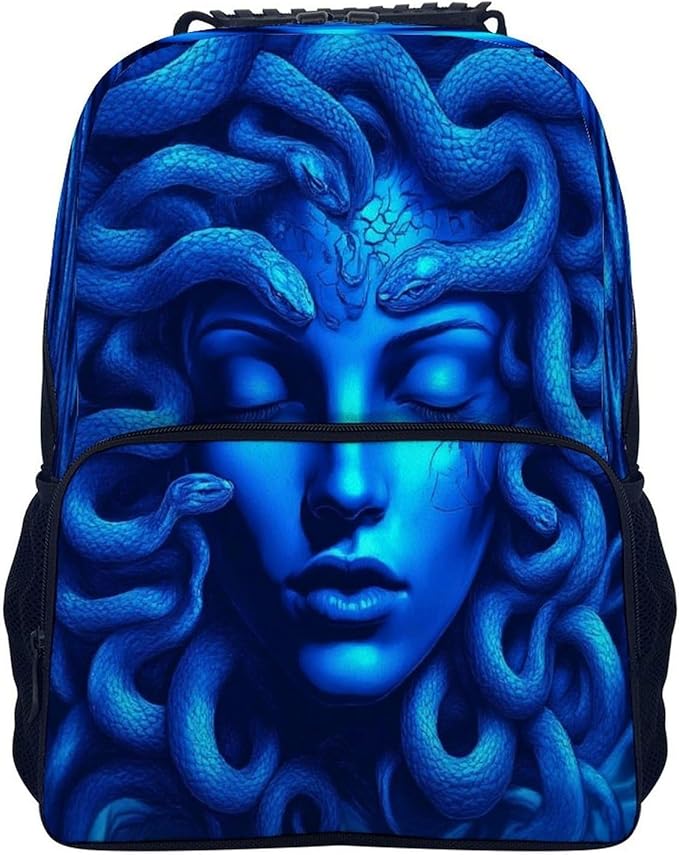 Polyester Daypack Bookbag for Gym Business Bicycle, Large Capacity Multipurpose Anti-Theft Carry On Bag, Greek Goddess Snake Queen Medusa Art Blue Travel Hiking Daypack