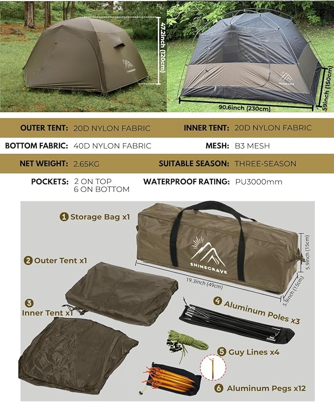 Camping Tent 2 Person,Ultra Large Capacity, 20D Nylon, Lightweight 3 Season Backpacking Tent 2 Person, PU3000mm, Free Standing, Ideal for Camping, Hiking, Glamping, Mountaineering