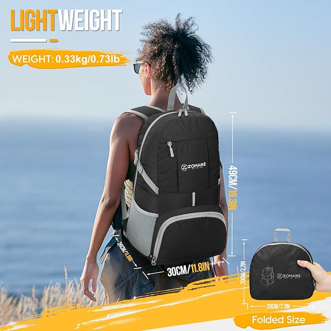 ZOMAKE Lightweight Packable Backpack 35L, Light Foldable Backpacks Water Resistant Collapsible Hiking Bag, Compact Folding Day Pack for Travel Camping(Black)