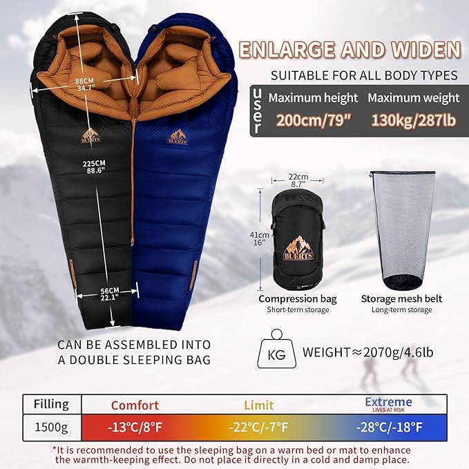 Down Backpacking Sleeping Bag for Cold Weather 32°F to 8°F, XXL Large Ultralight Sleeping Bag Ideal for Adults Camping, Hiking and Backpacking.