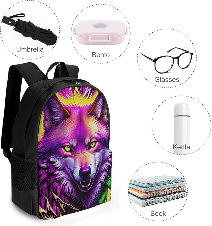 Supdreamc Backpack Anti-Theft Multipurpose Large Capacity Carry On Bag, Cool Red And Yellow Light Wolf Art Camping Outdoor Backpack With Side Pockets