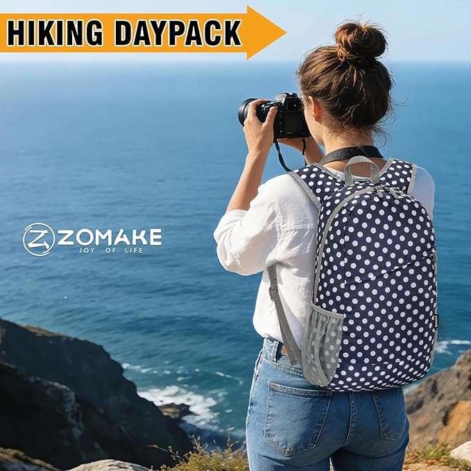 ZOMAKE Lightweight Packable Backpack,Foldable Backpacks Small Daypack for Hiking Water Resistant Day Bag for Travel(Navy Blue,White polka dots)