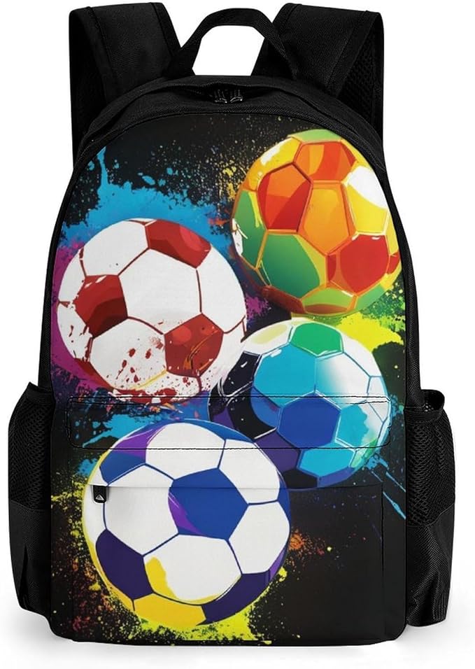 Supdreamc Men Women Lightweight Colorful Paint Splash Ink Soccer Ball Football Black Backpack Large Capacity Bookbag With Smooth Zippers for Gym Business Running