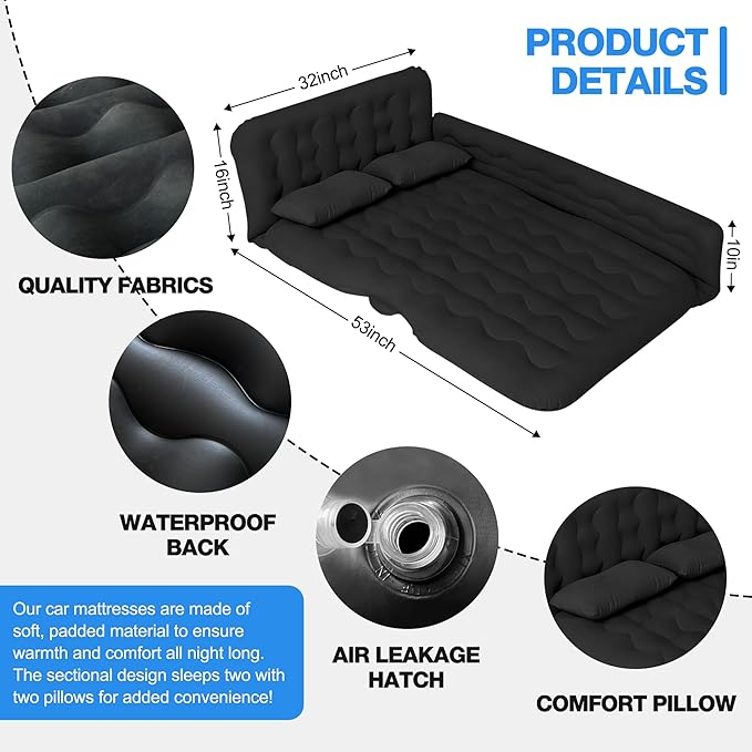 SUV Air Mattress Car Camping Bed - Inflatable Thickened and Double Car Air Mattress Bed with Air Pump Portable Foldable for Home Car Travel Camping