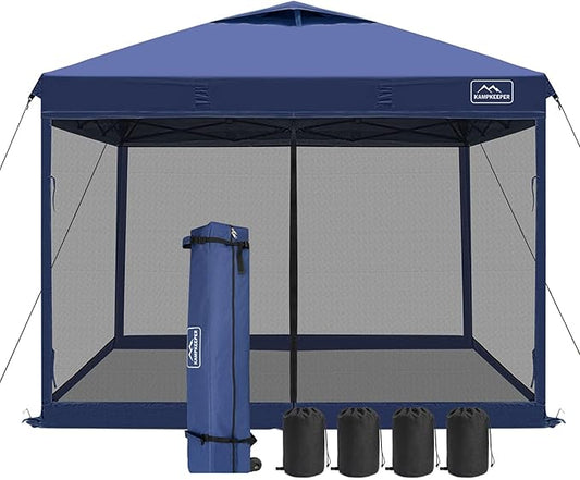 KAMPKEEPER 10x10 Pop-Up Canopy Tent, Waterproof Portable Shade with Screen Walls, Adjustable Instant Outdoor Shelter for Camping, Backyard, and Events, Navy Blue