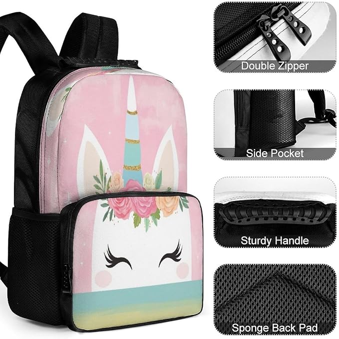 Lightweight Daypack Backpack for Trekking Work Running, Big Capacity Multipurpose Anti-Theft Bookbag, Pink Unicorns Face Business Computer Bag