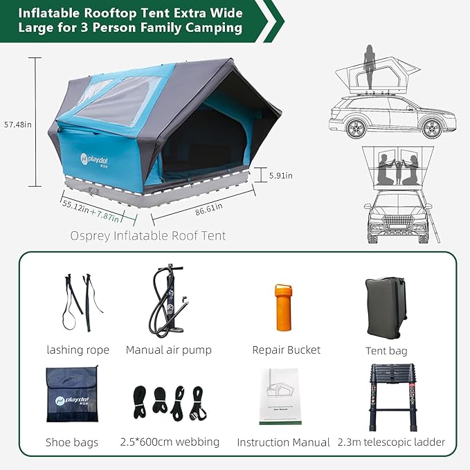 PlayDo Inflatable Rooftop Tent Easy Set Up Pop Up Roof Tent Air Extra Wide Large for 3 Person Family Camping Waterproof Cotton Tents for Truck Car SUV with Light, Skylight