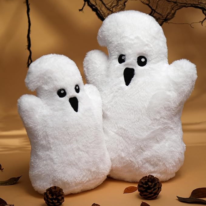YRXRUS Ghost Pillows, Halloween Ghost Shaped Throw Pillows Set of 2, Boo Pillows Room Decor, 10x13&7x10 Inches Soft Faux Rabbit Fur Cushion