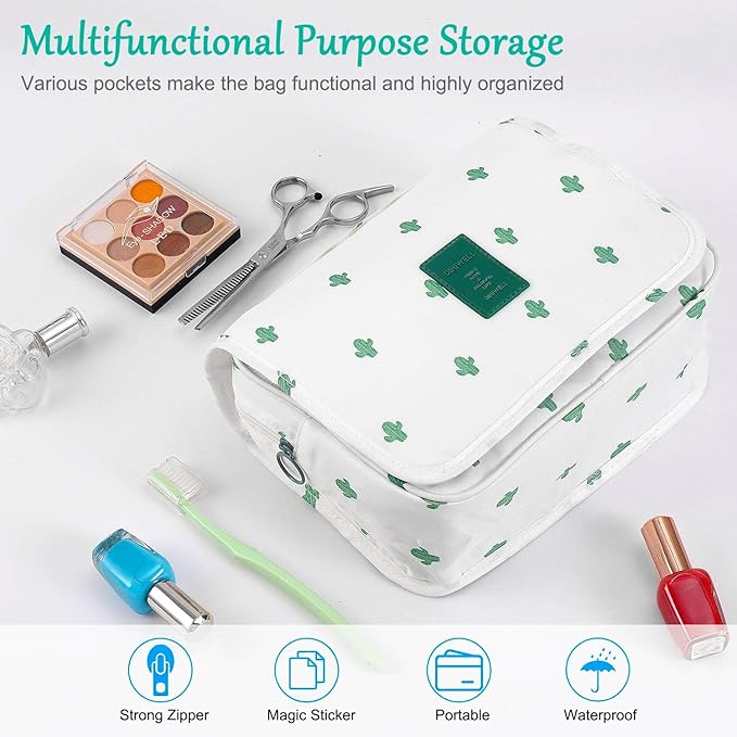 Trawila Travel Hanging Toiletry Bag Cosmetic Bag Makeup Organizers for Men & Women with Sturdy Hook (White Cactus)