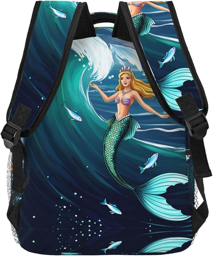 Daypack Backpack Anti-Theft Multipurpose Large Capacity Carry On Bag, Fantastical Style Mermaid And Huge Waves Art Traveling Camping Backpack With Side Pockets