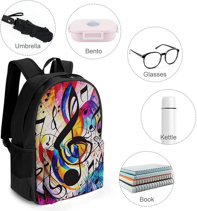 Supdreamc Women Men Polyester Abstract Music Notes Colorful Casual Daypack Large Capacity Bookbag With Side Pockets for Sports Picnic Walking Cycling