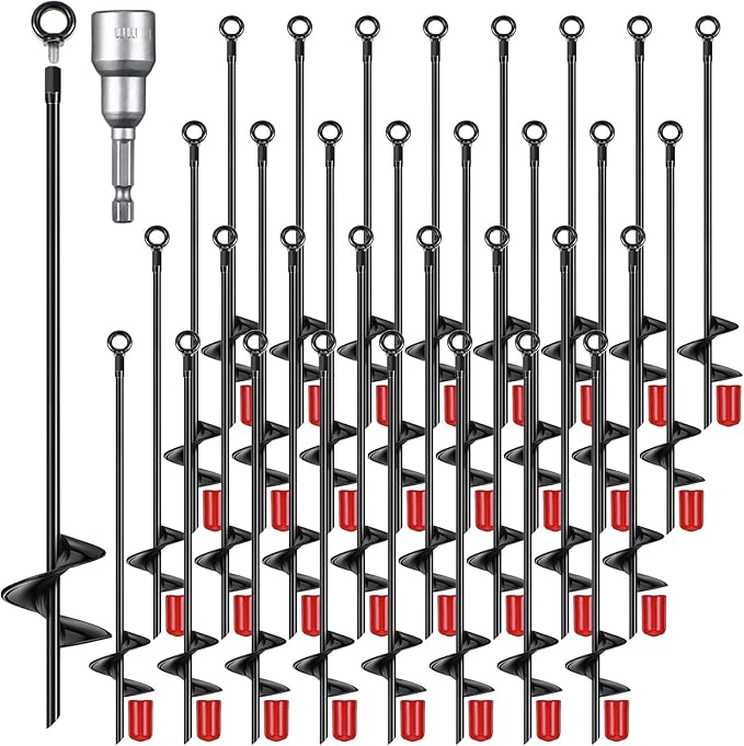 Chumia 24 Pcs 18 Inch Ground Anchor Spiral Blade Heavy Duty Earth Anchors Swing Set Metal Shed Kit for Garden Securing Trees Tents Trampoline Canopies Shelters (Black)