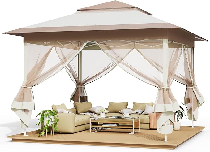 TLSUNNY 13' X 13' Pop Up Gazebo, Outdoor Canopy Tent W/4 Mesh Walls & Wheeled Bag, Screened Shelter with Netting, One-Person Set Up, Height Adjustable, for Patio, Yard, Party, Garden (Khaki)