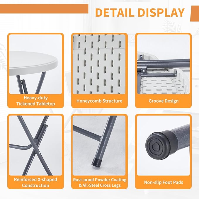 BOOSDEN 32'' Foldable Round Table, Portable Plastic Folding Card Table, Indoor Outdoor Utility Circle Folding Table for Party, Event, Camping, Picnic, Banquet, Beach, BBQ, Dining, Backyard