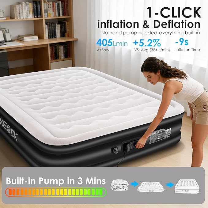 Air Mattress Queen with Built in Pump,Comfortable Waterproof Flocked Surface Inflatable Mattress for Temporary Family Stays and Travel,14-Inch Blow Up Mattress Inflates in 3 Minutes