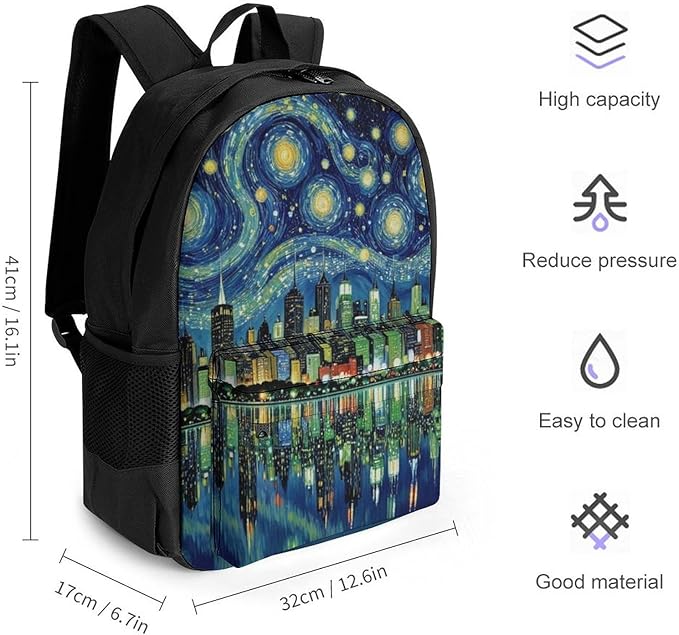 Supdreamc Women Men Polyester Chicago City Skyline Night View Starry Sky Painting Casual Daypack Large Capacity Bookbag With Side Pockets for Sports Picnic Walking Cycling