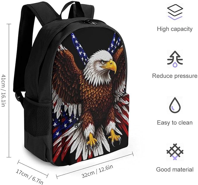 Backpack Anti-Theft Multipurpose Large Capacity Carry On Bag, Bald Eagle American Flag Camping Outdoor Backpack With Side Pockets