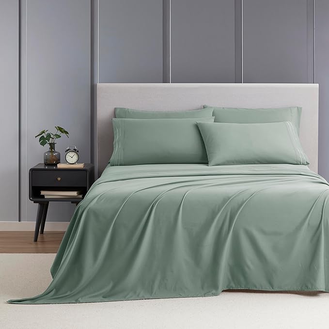 Clara Clark Twin XL Sheets - Hotel Luxury 5 Piece Bed Sheets for Twin XL Size Bed - Soft Bedding Sheets & Pillowcases, Fits Mattress up to 16 inch deep. Twin XL, New Sage Green