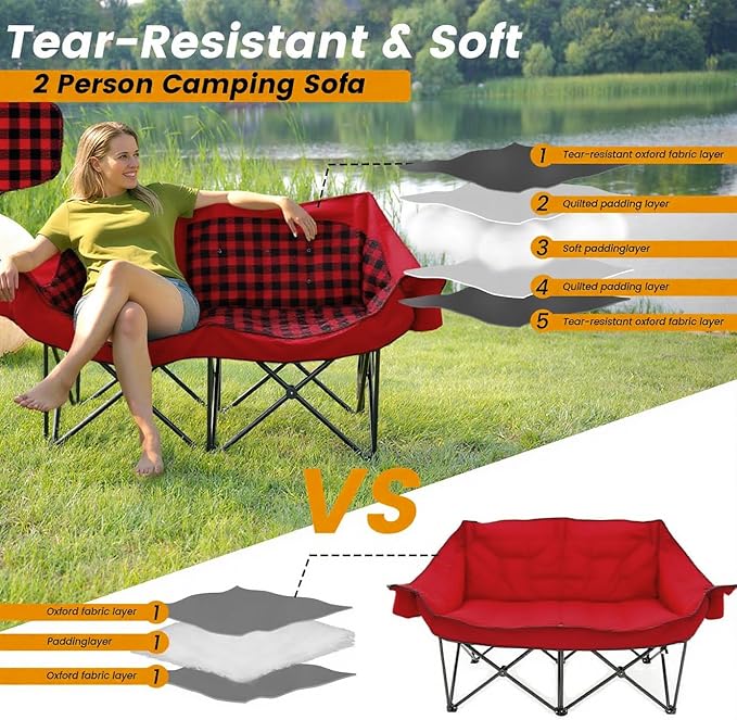 QUYUAN Double Camping Chair for Adult, Heavy Duty Folding Chair for 800lbs, Comfortable Lawn Chairs with Fully Padded, Camp Chairs for Outdoor Sports, Fishing, Concerts, Beach, Red Camping Loveseat