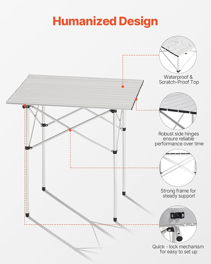 VEVOR Folding Camping Table, Portable Roll Up Side Tables, Lightweight Aluminum Table for Outdoor BBQ Tailgating Picnic, Travel (28 inch-Silver)
