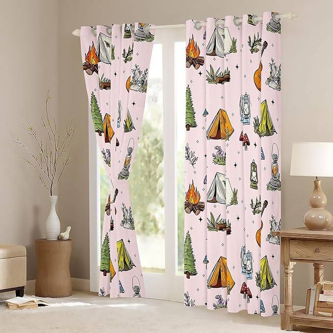 Feelyou Pink Camping Camper Blackout Curtains Campfire Camper Accessories Darkening Drapes for Bedroom Living Room Decor Happy Camping Thermal Insulated Shades Window Treatments, 2 Panels 42 x 63 Inch