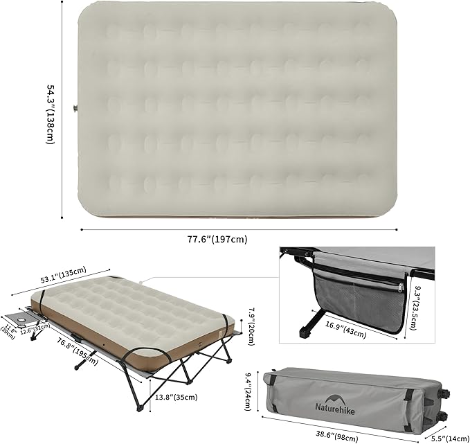 Naturehike Queen-Sized Airbed Cot Combo, Folding 2 Person Camping Cot with Air Mattress, Side Table and Wheeled Carry Bag, Camping Bed for Outdoor Camp Guests (Pump Not Included)